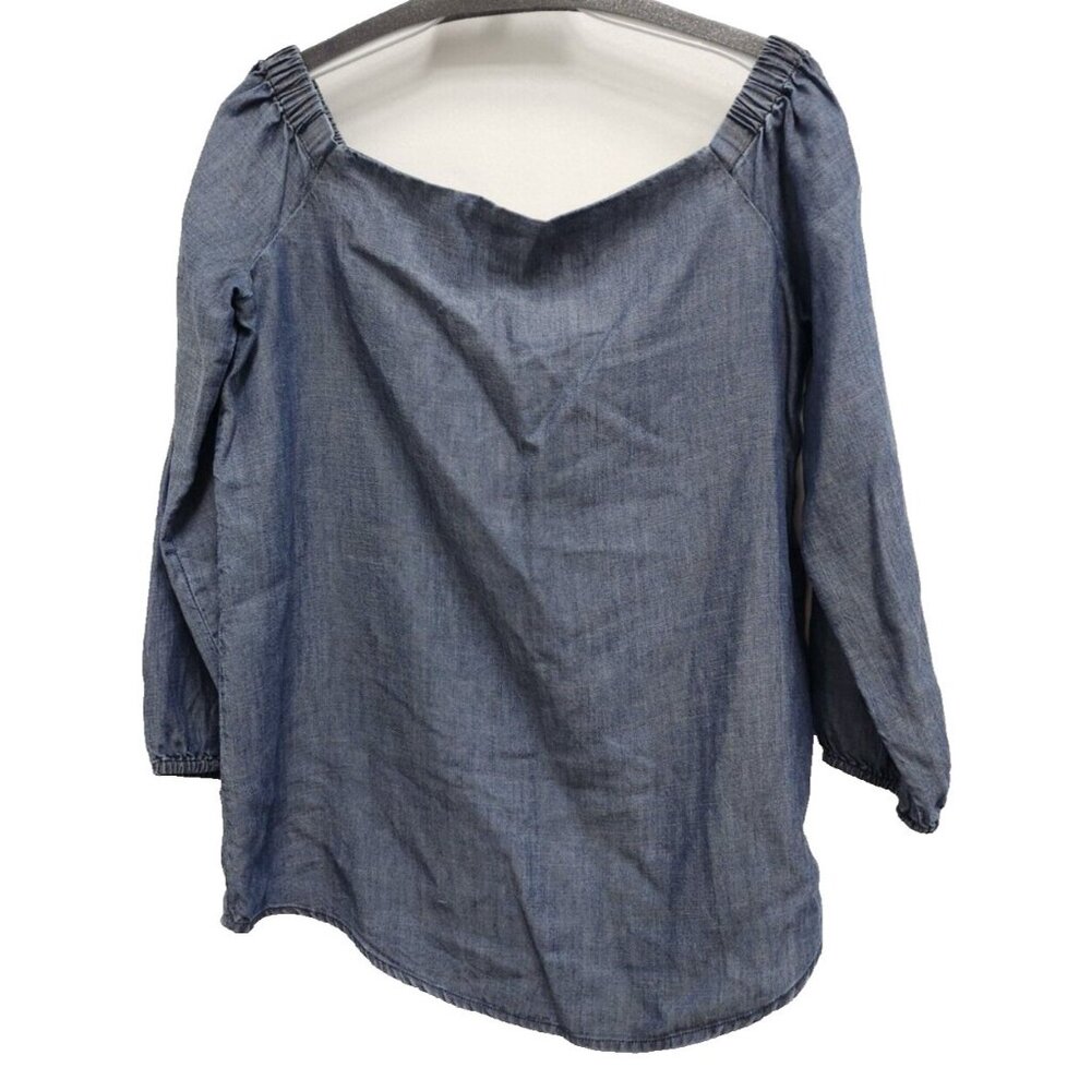 Chicos Womens Blouse Top Small Chambray Linen 3/4 Sleeves Square Neck Coastal